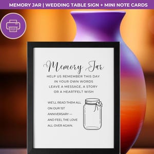 May include: A framed sign with the words "Memory Jar" in elegant script. The sign includes text encouraging guests to leave messages, stories, or wishes. A line drawing of a jar is featured. The background includes a purple vase.