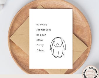 May include: Printable sympathy card with a simple line drawing of a dog and the text "so sorry for the loss of your little furry friend". The card is 5 inches by 7 inches.