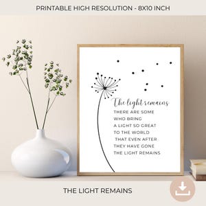 The Light Remains Printable Sign | Wedding Remembrance | In Loving Memory Poem for Funeral Celebration of Life | Funeral Favor Sign | 03-002