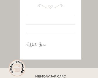 Könnte beinhalten: Eine weiße Memory Jar Card mit Linien zum Schreiben und den Worten "With Love" in eleganter Schrift. Oben befindet sich ein dekoratives Wirbel- und Herzdesign. Die Karte hat auch einen "Instant Download"-Stempel.