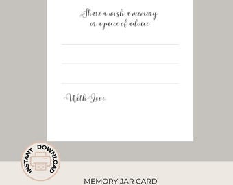 Könnte beinhalten: Weiße Memory Jar Karte mit Linien zum Beschreiben. Der Text "Share a wish a memory or a piece of advice" und "With Love" ist in eleganter Schrift geschrieben. Das Wort "Instant Download" befindet sich auf einem runden Stempel.