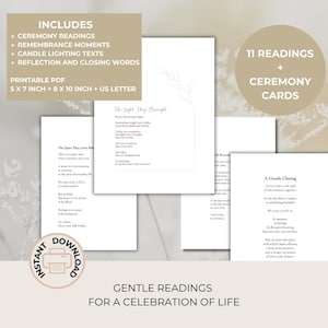 Op de afbeelding: Een verzameling afdrukbare PDF-ceremoniekaarten voor een viering van het leven. De kaarten bevatten ceremonielezingen, herinneringsmomenten, kaarslichtteksten en slotwoorden. Maten: 12,7 x 17,8 cm, 20,3 x 25,4 cm en US Letter.