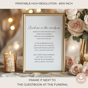Printable Memorial Poem for Funeral – Find Me in the Rainbow – Sympathy Gift | Remembrance | In Loving Memory | Celebration of life | 00-025