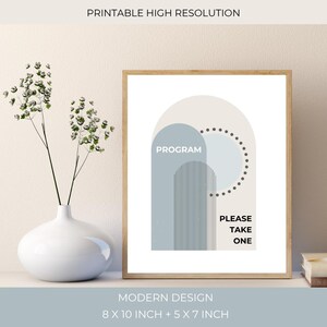 May include: A framed print with a minimalist design featuring geometric shapes in blue, beige, and white. The text "PROGRAM" and "PLEASE TAKE ONE" are visible. The print is 8 x 10 inches and 5 x 7 inches. The words "PRINTABLE HIGH RESOLUTION" and "MODERN DESIGN" are also visible.