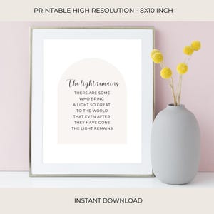 Verse The Light Remains for Celebration of Life | Funeral Favor Sign | Funeral Poster | Wedding Remembrance  | Poem for Funeral | 01-002