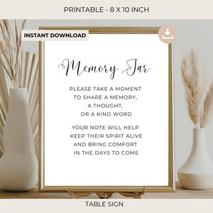 May include: Printable 8x10 inch table sign with a gold frame. The sign reads "Memory Jar" and includes the text "Please take a moment to share a memory, a thought, or a kind word. Your note will help keep their spirit alive and bring comfort in the days to come."