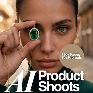 May include: A gold pendant with an oval emerald and diamond halo, held up by a person. The pendant hangs from a delicate gold chain. The image includes text: "AI Product Shoots" and "BrandPrompts".