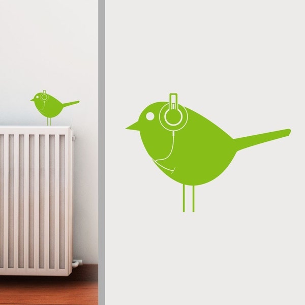 Yellow Green Bird Listening to Music on Headphones, Wall, Vinyl, Sticker, Decal