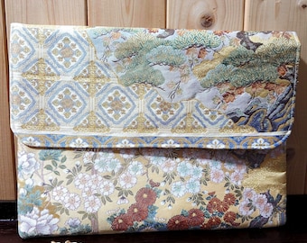 Japońska kopertówka Obi z jedwabiu, vintage Fukuro Obi ze złotą metaliczną nicią, wyjątkowa wieczorowa torebka z tkaniny artystycznej