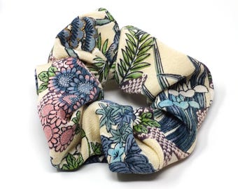Botanical Kimono Silk Scrunchie, Blue Floral & Leaf Pattern, Handmade in Japan, Vintage Japanese Hair Accessory