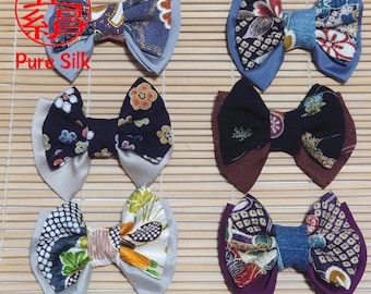 Japanese Kimono Silk Hair Bow Clip or Hair Tie, Handmade Kanzashi-Inspired Accessory from Vintage Kimono Fabric