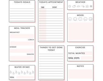 May include: A printable daily planner with sections for goals, appointments, meals, water intake, things to do, exercise, mood, weather, and gratitude. The planner has a pink and white colour scheme.