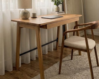 Biurko komputerowe YOTSA z szeroką szufladą, solidny stół z litego drewna dębowego w stylu mid-century modern