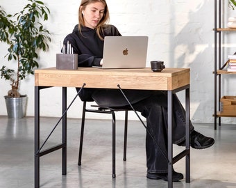 Solid Oak Wood Desk, Minimalist Home Office Table
