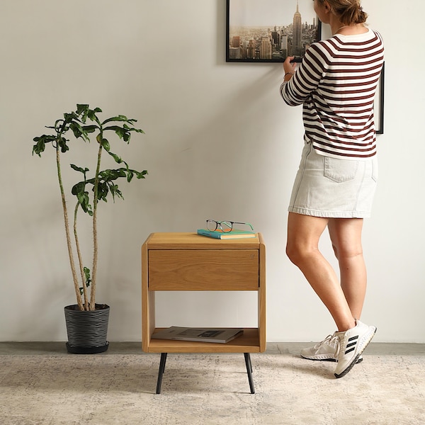 Solid Oak Blum Nightstand with One Drawer: Scandinavian Modern Design, Bedroom Furniture