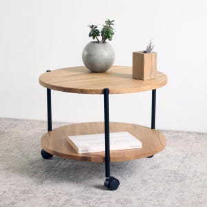 Round Oak Coffee Table on Wheels: Scandinavian Modern Living Room Furniture