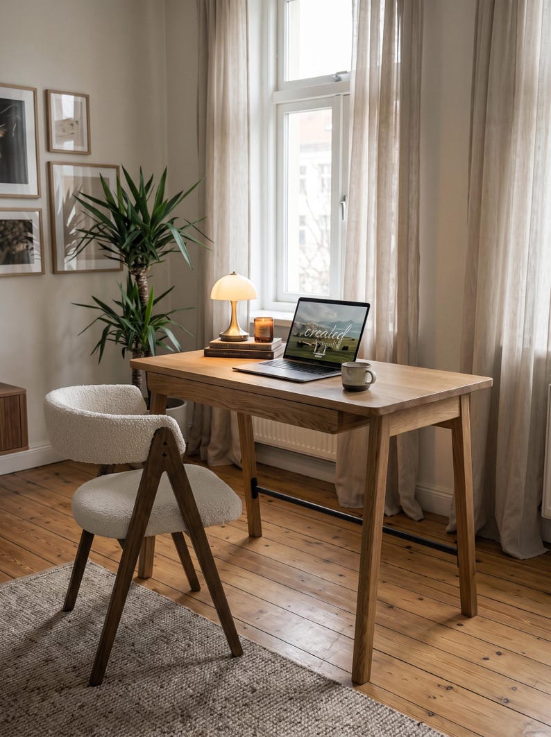 May include: A wooden desk with a laptop displaying the word created, a small lamp, and a mug. Beside the desk is a chair with a white textured fabric seat and backrest, supported by a dark wooden frame with angled legs.