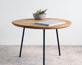 Handmade Oak Coffee Table: Scandinavian Wood Side Table, Metal Legs