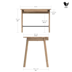 May include: A light brown wooden desk with a single drawer and a thin black horizontal support bar. The diagram displays dimensions in inches, including a height of 30 inches, a drawer depth of 2.5 inches, and a base width of 25 inches.