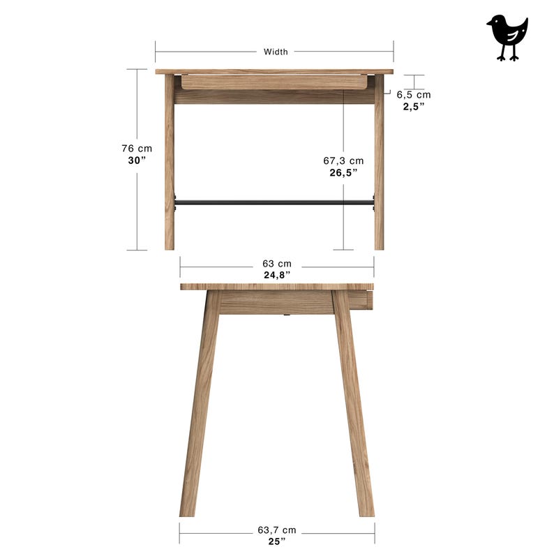 May include: A light brown wooden desk with a single drawer and a thin black horizontal support bar. The diagram displays dimensions in inches, including a height of 30 inches, a drawer depth of 2.5 inches, and a base width of 25 inches.