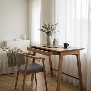 May include: A wooden desk with a single drawer and angled legs, accompanied by a matching wooden chair featuring a gray upholstered seat. The desk surface holds a laptop, a ceramic vase with eucalyptus branches, a pencil holder, and a black mug.