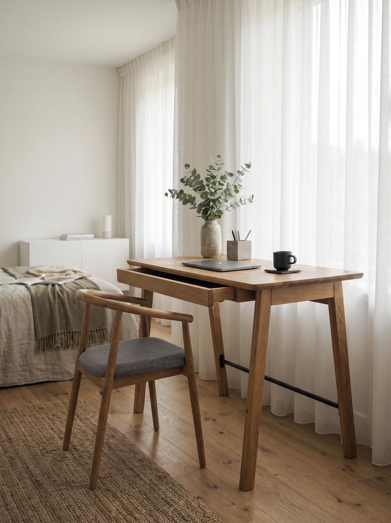 May include: A wooden desk with a single drawer and angled legs, accompanied by a matching wooden chair featuring a gray upholstered seat. The desk surface holds a laptop, a ceramic vase with eucalyptus branches, a pencil holder, and a black mug.