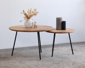 Handmade Oak Coffee Table: Scandinavian Wood Side Table, Metal Legs