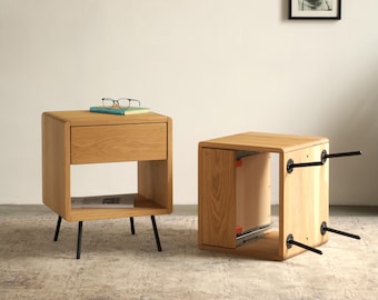 2 Set of Nightstand Blum Wooden Solid Oak Scandinavian Bedroom Furniture