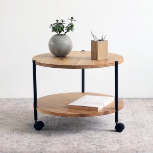 Handmade Round Oak Coffee Table with Wheels - Scandinavian Modern Design