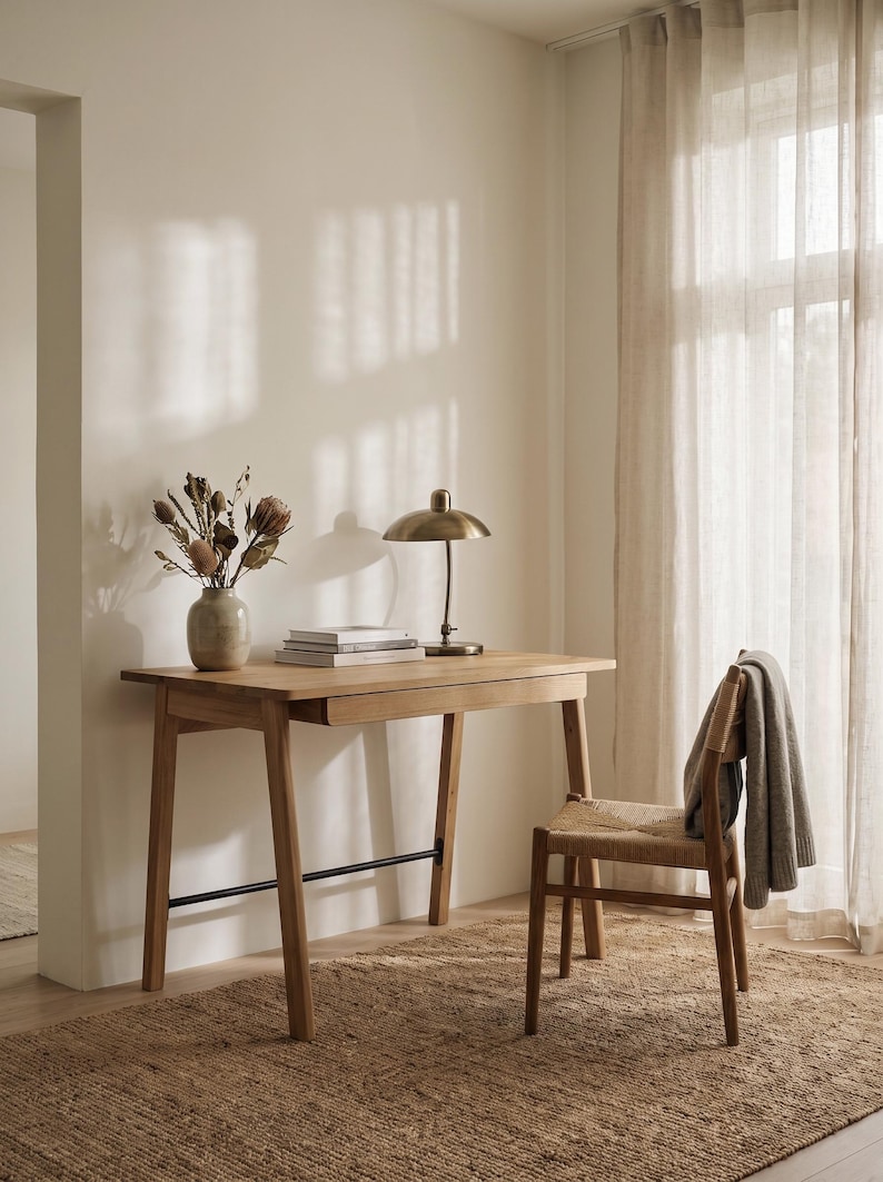 May include: A light-toned wooden desk with a single drawer and a black metal support bar, accompanied by a wooden chair with a woven seat. On the desk sits a brass-colored metal lamp, a stack of books, and a vase containing dried flowers.