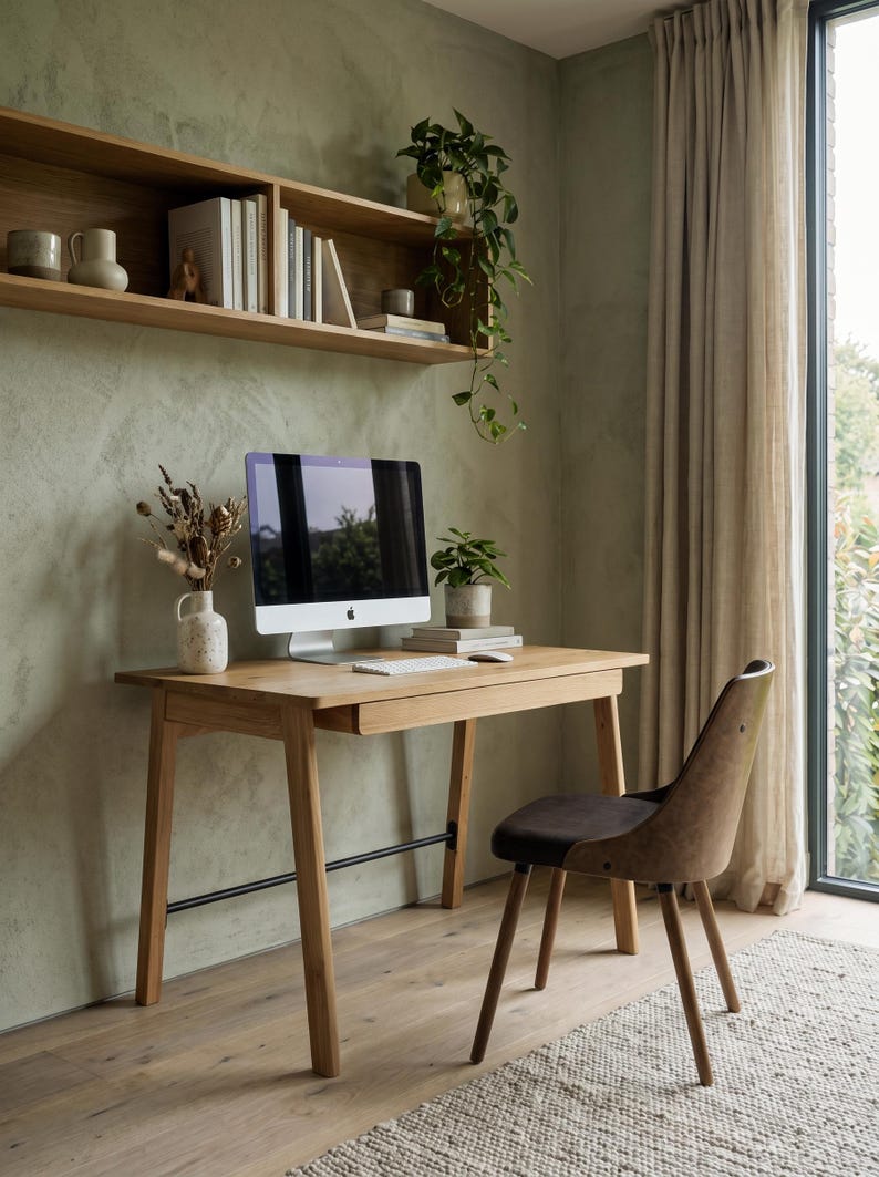 May include: A light oak wood desk with a single drawer and a black metal support bar, paired with a brown upholstered chair. On the desk sits an all-in-one computer, a white keyboard, a mouse, a potted plant, and a vase with dried flowers.