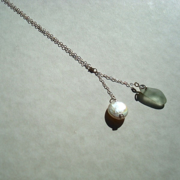 Sea Glass Necklace -Seafoam Seaglass Coin Pearl Drop- Sterling Silver Jewelry