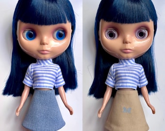 Blue White Striped Top and Blue Denim Tan Embroidered Butterfly Reversible Skirt Outfit Set for Blythe Doll
