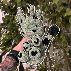 Handmade crochet soft green Atlas the alien kitty snuggler plushie | cute alien cat stuffed animal amigurumi