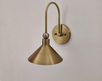 Handcrafted Brass Wall Sconce: Arched Arm Cone Shade - Choice of Finish