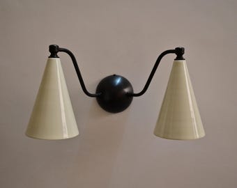 Handmade Mid-Century Double Brass Sconce: Cone Shade Wall Light Lamp