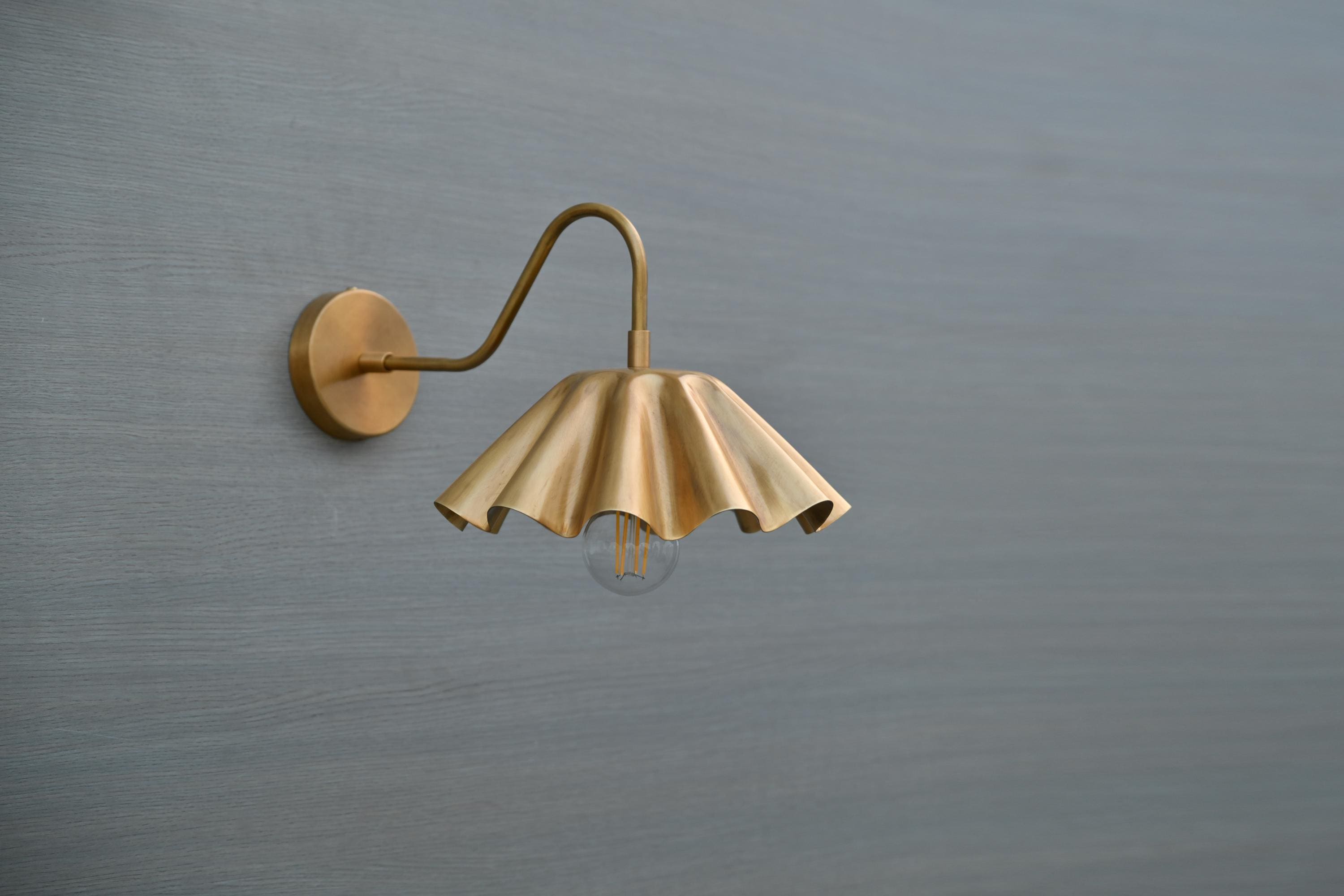 Handcrafted Brass Wall Sconce with Fluted Umbrella Shade – Vintage-Inspired Hardwired Light