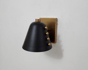 Handcrafted Brass Cone Wall Sconce – Matte Black Shade | Mid-Century Modern Wall Lamp