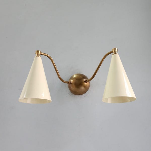 Double Cone Brass Wall Sconce – Mid‑Century Modern Wall Lamp with Ivory Shades