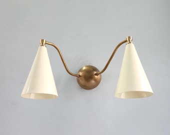 Mid Century Brass Wall Sconce Double Cone Two Light