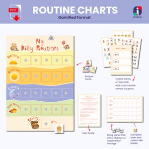 May include: A children's routine chart with the text "ROUTINE CHARTS" and "My Daily Routines". Includes routine cards, emoji cards, and reward coupons. The chart is designed in a gamified format with animal illustrations and star icons.
