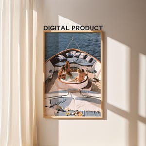 May include: A framed digital print featuring a yacht scene with people in a hot tub. The yacht has blue cushions and a wooden deck. The text "DIGITAL PRODUCT" is at the top of the frame.