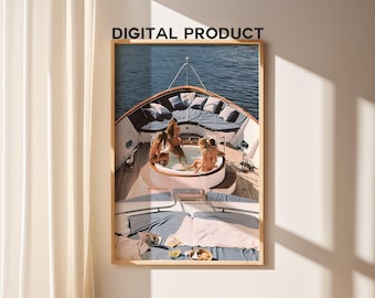 Summer Girls in Hot Tub Print, Luxury Yacht Poster, Old Money Aesthetic, Luxurious Boat Print, Sailing in Summer Poster, DIGITAL DOWNLOAD