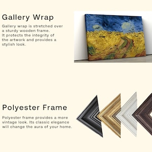 May include: A canvas print of a painting with a wheat field and a dark blue sky with birds. The text "Gallery Wrap" and "Polyester Frame" are displayed, along with descriptions of each frame type. Four different frame styles are shown.