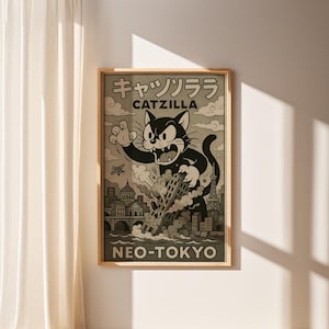 Catzilla Retro Japanese Cat Poster, Funny Godzilla Cat Canvas Wall Art, Vintage Kaiju Monster Movie Print, Cat Lover Gift
