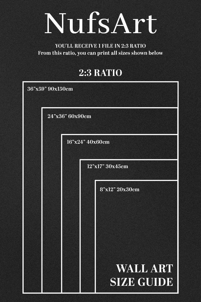 May include: A wall art size guide with the text "NufsArt" at the top. The guide shows various rectangular sizes, including 36"x59" (90x150cm), 24"x36" (60x90cm), 16"x24" (40x60cm), 12"x17" (30x45cm), and 8"x12" (20x30cm).