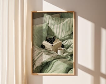 Black Cat Reading Book Print | Cute Cat in Bed Illustration | Cozy Striped Green Bedroom Poster | Wall Decor | Reading Decor | Cat Book Art