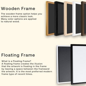 May include: Image showcasing wooden and floating frame options. Wooden frames in various colors: gold, black, natural, white, and brown. Floating frames in black and white, with a space between the artwork and frame. Text describes each frame type.
