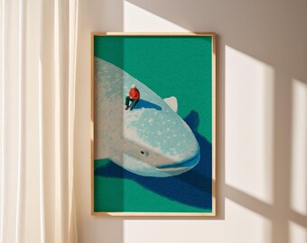 Surreal Whale Shark Poster, Tiny Human Art Print, Minimal Ocean Illustration, Dreamy Wall Art