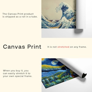 May include: Rolled canvas prints featuring iconic artwork. The prints are not stretched and come ready to be framed. The image includes text that reads "Canvas Print" and other descriptive text.
